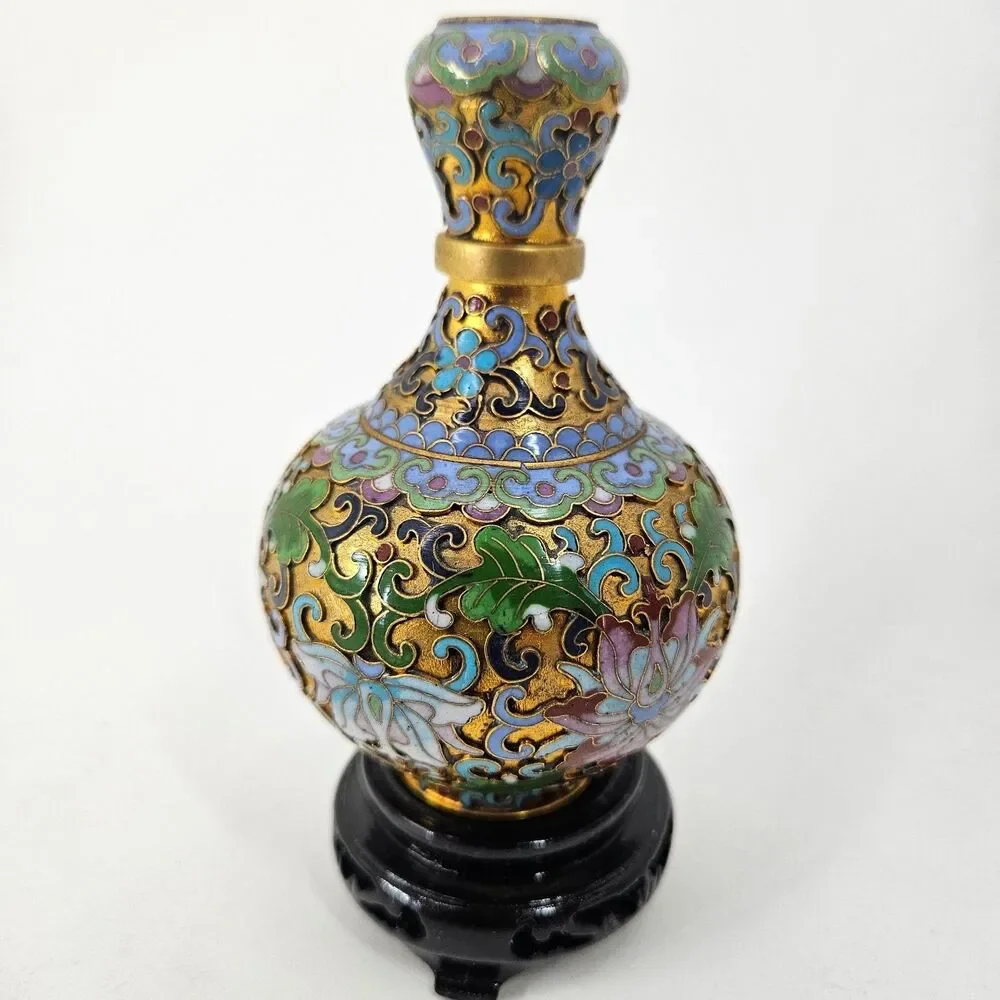 Vintage Chinese Cloisonne Enamel Floral Vase Miniature w/ Stand 20C